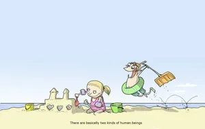 A Cartoon Of A Girl And Boy Playing On The Beach Wallpaper