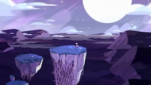 A Cartoon Of A Mountain With A Moon And Some Rocks Wallpaper