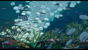 A Cartoon Of A Sea With Fish And Plants Wallpaper