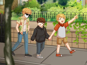 A Cartoon Of Three Boys Walking Down The Street Wallpaper