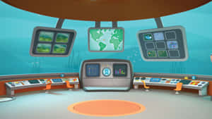 A Cartoon Scene Of A Space Station With Many Monitors Wallpaper