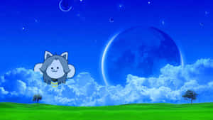 A Cat Flying In The Sky With Clouds And Stars Wallpaper