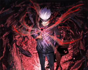 A Character With A Red Head And White Hair Standing In A Dark Cave Wallpaper