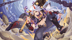 A Character With A Sword And Armor In The Background Wallpaper