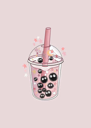 A Cheerful Cup Of Cute Boba Tea, Surrounded By Pink Sparkling Stars. Wallpaper
