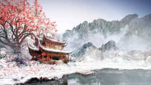 A Chinese House In The Snow With Trees And Mountains Wallpaper