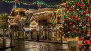 A Christmas Tree Is Decorated In A Street Wallpaper