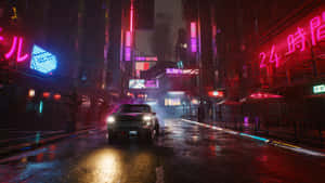 A City Street With Neon Lights And Neon Signs Wallpaper