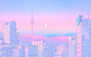 A City With A Pink Sky And Buildings Wallpaper