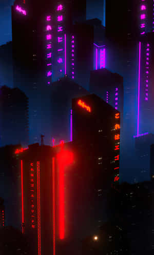 A City With Neon Lights And Buildings Wallpaper