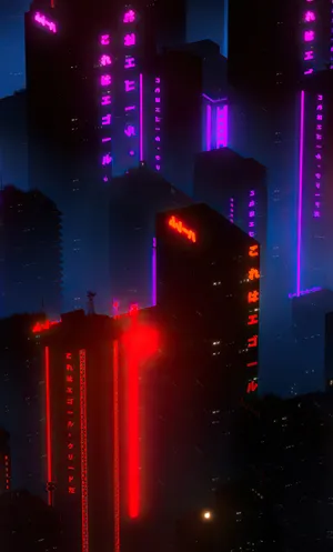 A City With Neon Lights And Buildings Wallpaper