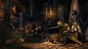 A Clandestine Meeting Of The Thieves Guild In A Dimly Lit Hideout Wallpaper