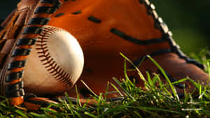 A Close-up Of A Baseball Glove On A Grass Field With A Baseball Nestled Inside Wallpaper