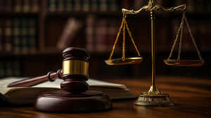 A Close-up Of A Wooden Judge's Gavel And Brass Scales Of Justice Placed On A Desk, Symbolizing Law Wallpaper