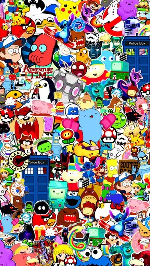 A Collage Of Cartoon Characters In Different Colors Wallpaper