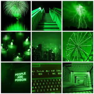 A Collage Of Green Images With A Clock And A Fire Wallpaper