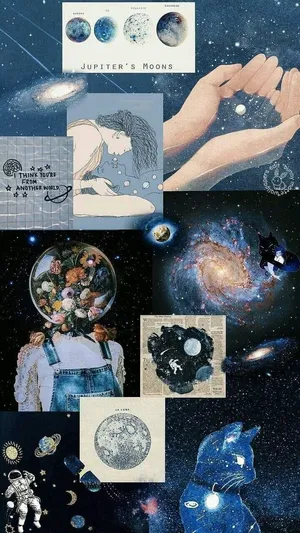 A Collage Of Images Of The Moon, Stars And Planets Wallpaper