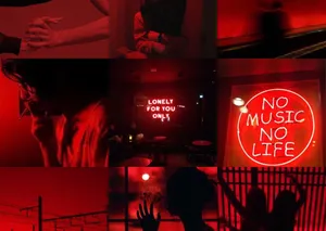 A Collage Of Photos With Red Lights And A Red Sign Wallpaper
