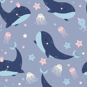 A Collection Of Colorful Kawaii Sea Creatures Happily Swimming Underwater Wallpaper