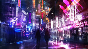 A Colorful Cityscape Of Neon Lights Dazzles The Night. Wallpaper