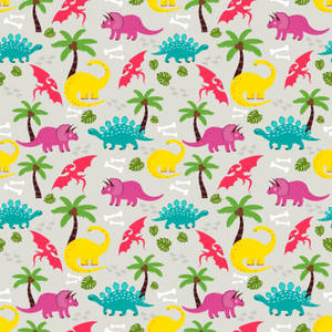 A Colorful Dinosaur Pattern With Palm Trees Wallpaper