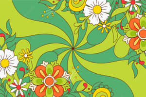 A Colorful Floral Pattern With Green Leaves And Flowers Wallpaper