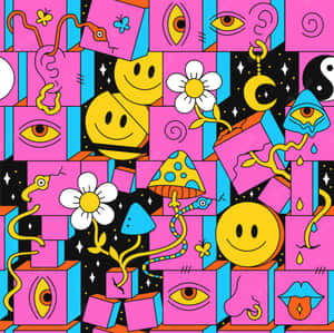 A Colorful Pattern With A Smiley Face, Flowers, And Other Objects Wallpaper