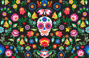 A Colorful Sugar Skull With Flowers On A Black Background Wallpaper