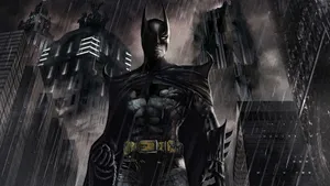 A Contemplative Bruce Wayne Standing Against The Gotham City Skyline Wallpaper