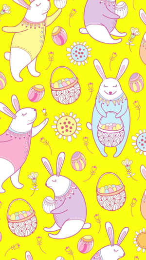 A Cute Kawaii Bunny Surrounded By Pastel Colored Clouds And Star. Wallpaper