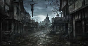 A Dark, Dreary Street With A Lot Of Buildings Wallpaper