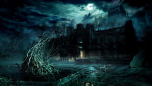 A Dark Night Scene With A Castle And Trees Wallpaper