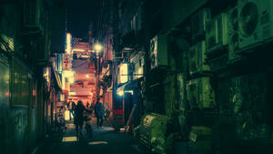 A Dark Tokyo Street Showing Traditional Japanese Architecture Wallpaper