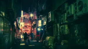 A Dark Tokyo Street Showing Traditional Japanese Architecture Wallpaper