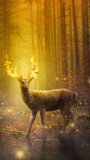 A Deer In The Forest With Fire In Its Antlers Wallpaper