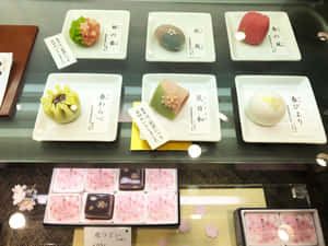 A Delectable Assortment Of Japanese Sweets Artfully Presented On A Traditional Dish. Wallpaper