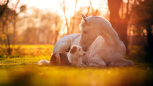 A Delightful Bond - Chestnut Horse And Golden Retriever Wallpaper