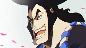 A Determined Kozuki Oden Stands Atop A Mast Surrounded By Clouds And A Beautiful Sunset Wallpaper