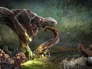 A Digital Art Of A Creature In A Forest Wallpaper