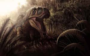 A Dinosaur Is Eating Something In The Jungle Wallpaper