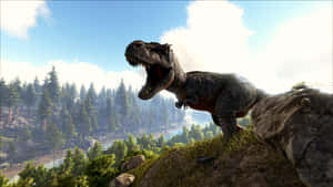 A Dinosaur Is Standing On A Rocky Hill Wallpaper