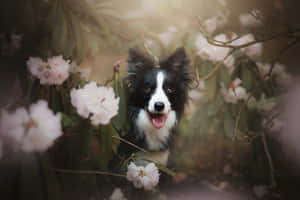 A Dog Is In The Flowers Wallpaper