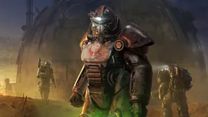 A Fallout 4 Player Character In A Menacing Power Armor Suit Wallpaper