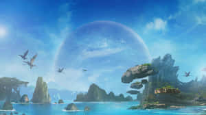 A Fantasy Scene With A Large Island And Birds Flying Around Wallpaper