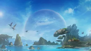 A Fantasy Scene With A Large Island And Birds Flying Around Wallpaper