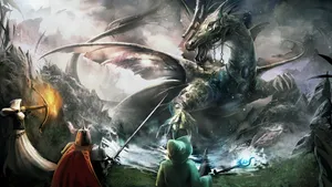 A Fierce Battle Between A Giant And A Dragon In An Epic Anime Scene Wallpaper