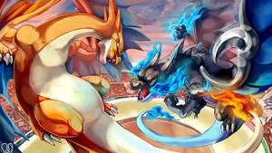 A Fiery Showdown Between Charizard And Mega Charizard X Wallpaper