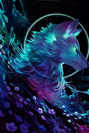 A Fiery Wolf Stares Into The Raging Waters Wallpaper