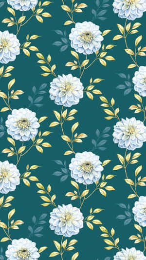 A Floral Pattern With White Flowers On A Teal Background Wallpaper