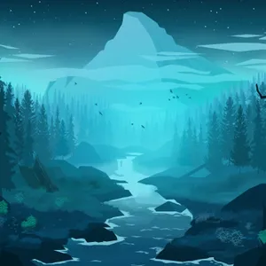 A Forest With A River And Trees At Night Wallpaper